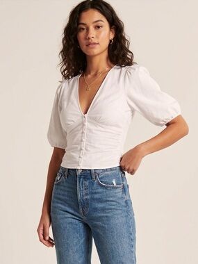 Abercrombie & Fitch elegant White V-Neck Puff Sleeve Button-Front Top blouse s
